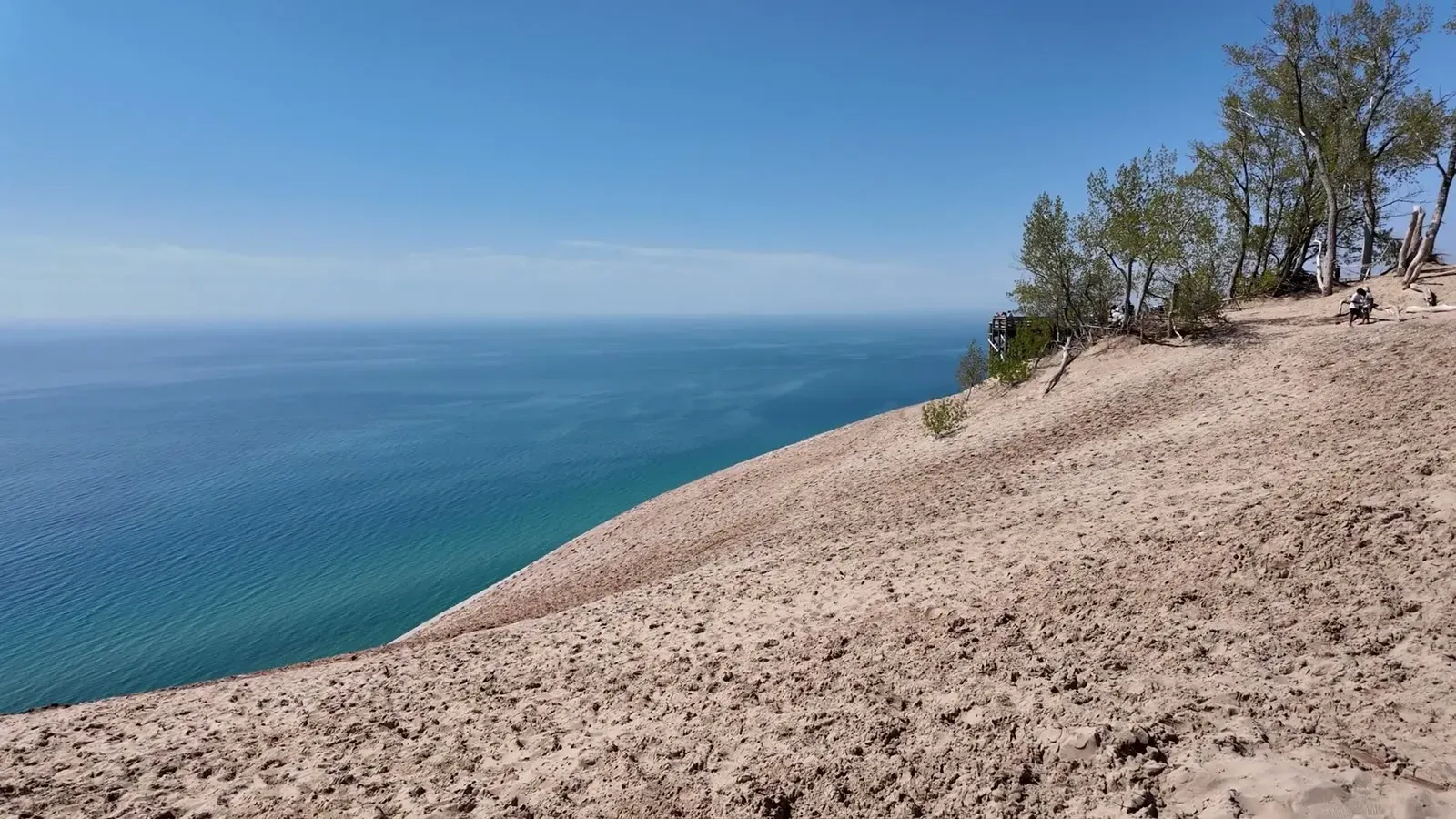The view from the Pierce Stocking Scenic Drive overlook, where the dune drops almost straight down to Lake Michigan.