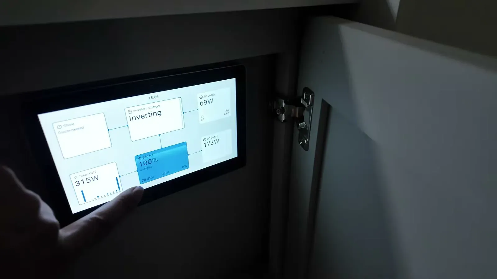 The RV solar system display reading Inverting at 100 percent battery while running the air conditioner off grid