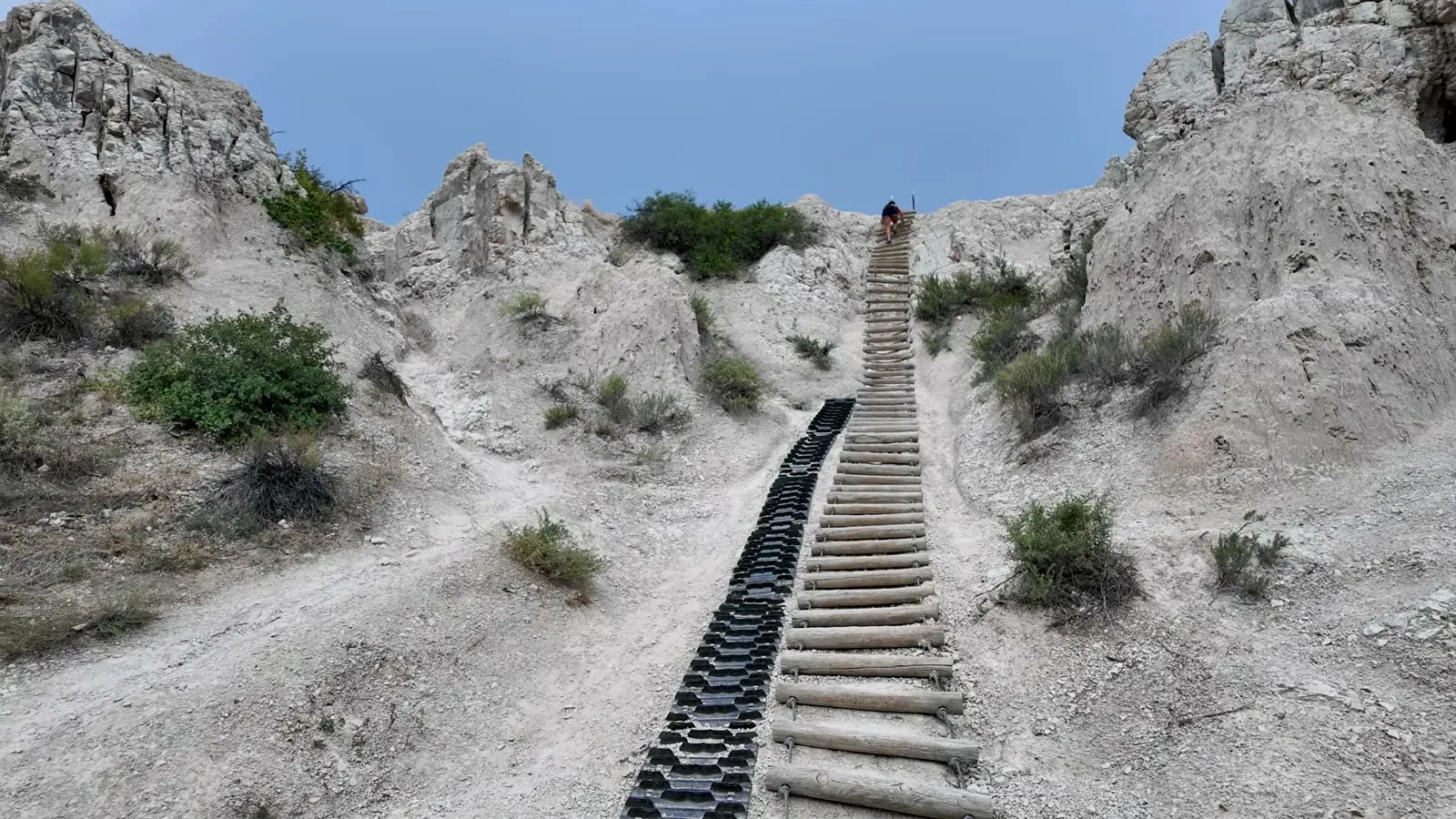 The wooden log ladder on the Notch Trail climbing a steep Badlands slope with a hiker near the top