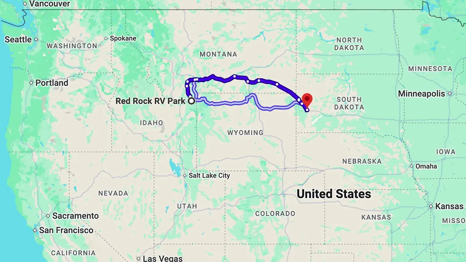 A map on the truck screen tracing our driving route west across Montana and Wyoming toward Yellowstone