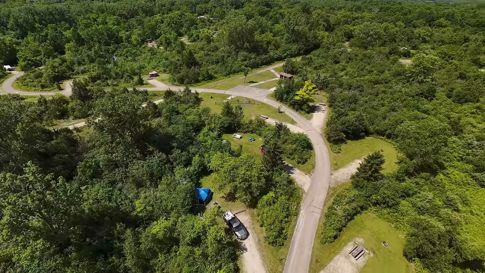 Aerial view of the campground loop roads and wooded sites at Richard Bong State Recreation Area in Wisconsin