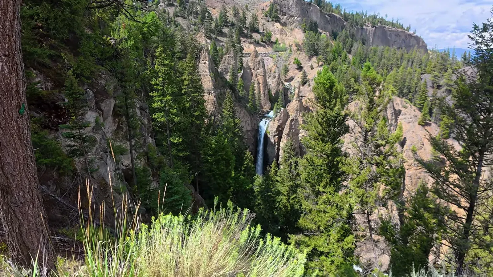 Tower Fall dropping through a narrow gap between rock spires and pine trees