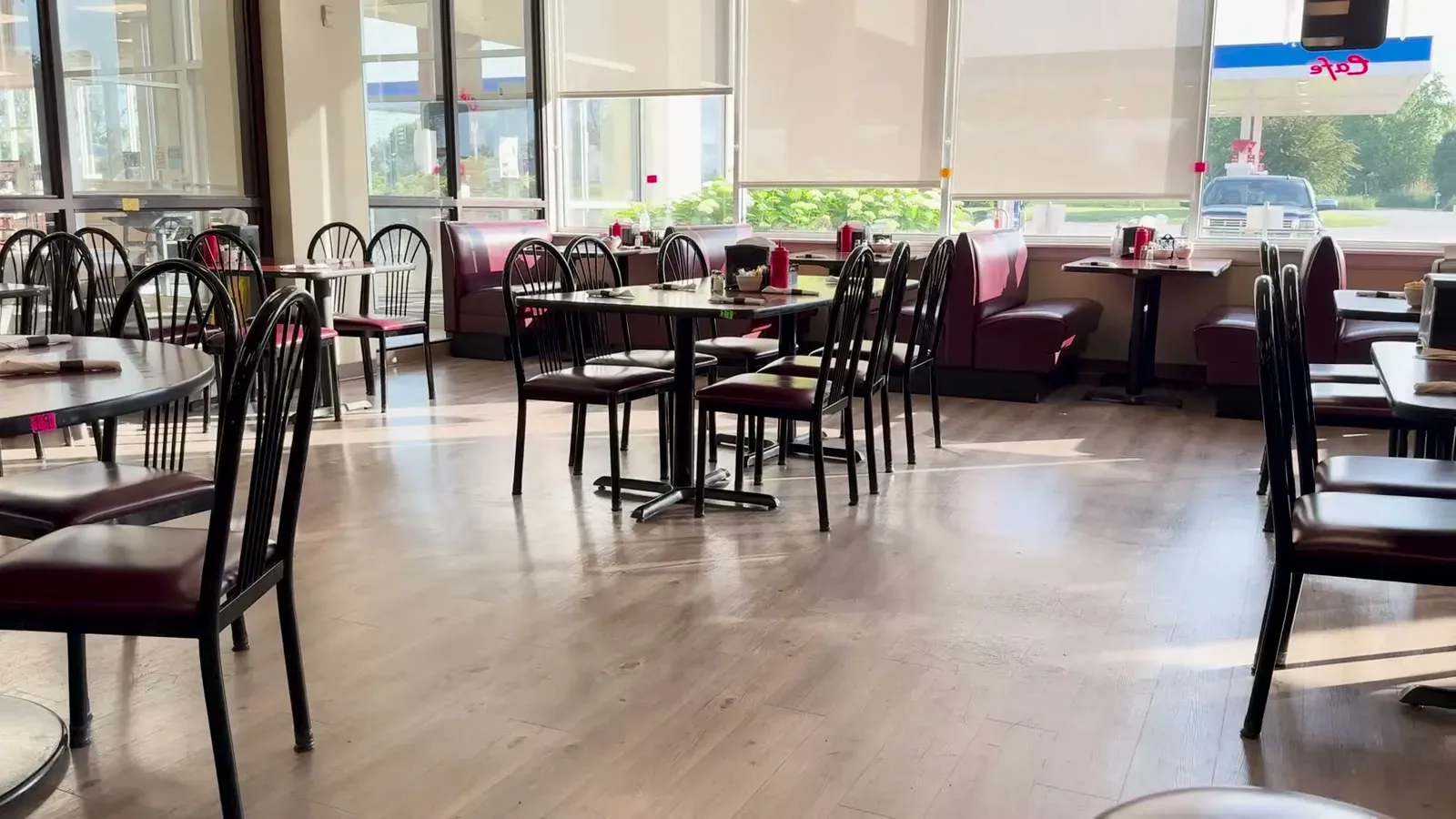 The quiet casino cafe where we grabbed breakfast, morning sun coming through the windows.