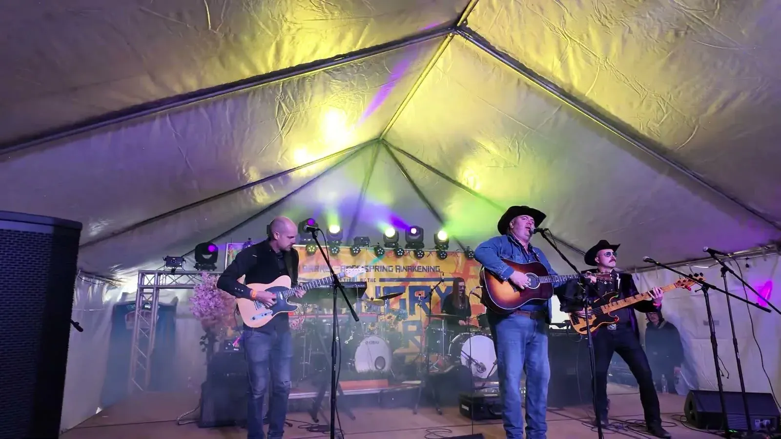 The Bootstrap Boys playing guitars under the festival tent with purple and green stage lights.