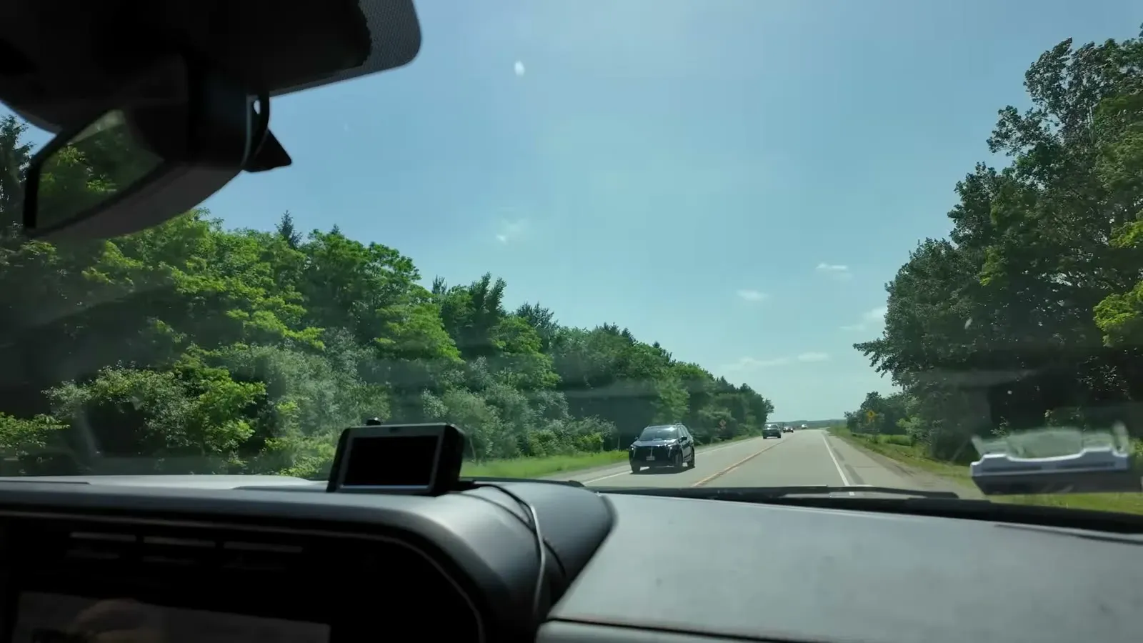 The open Midwest highway through the windshield on the push to Wisconsin.