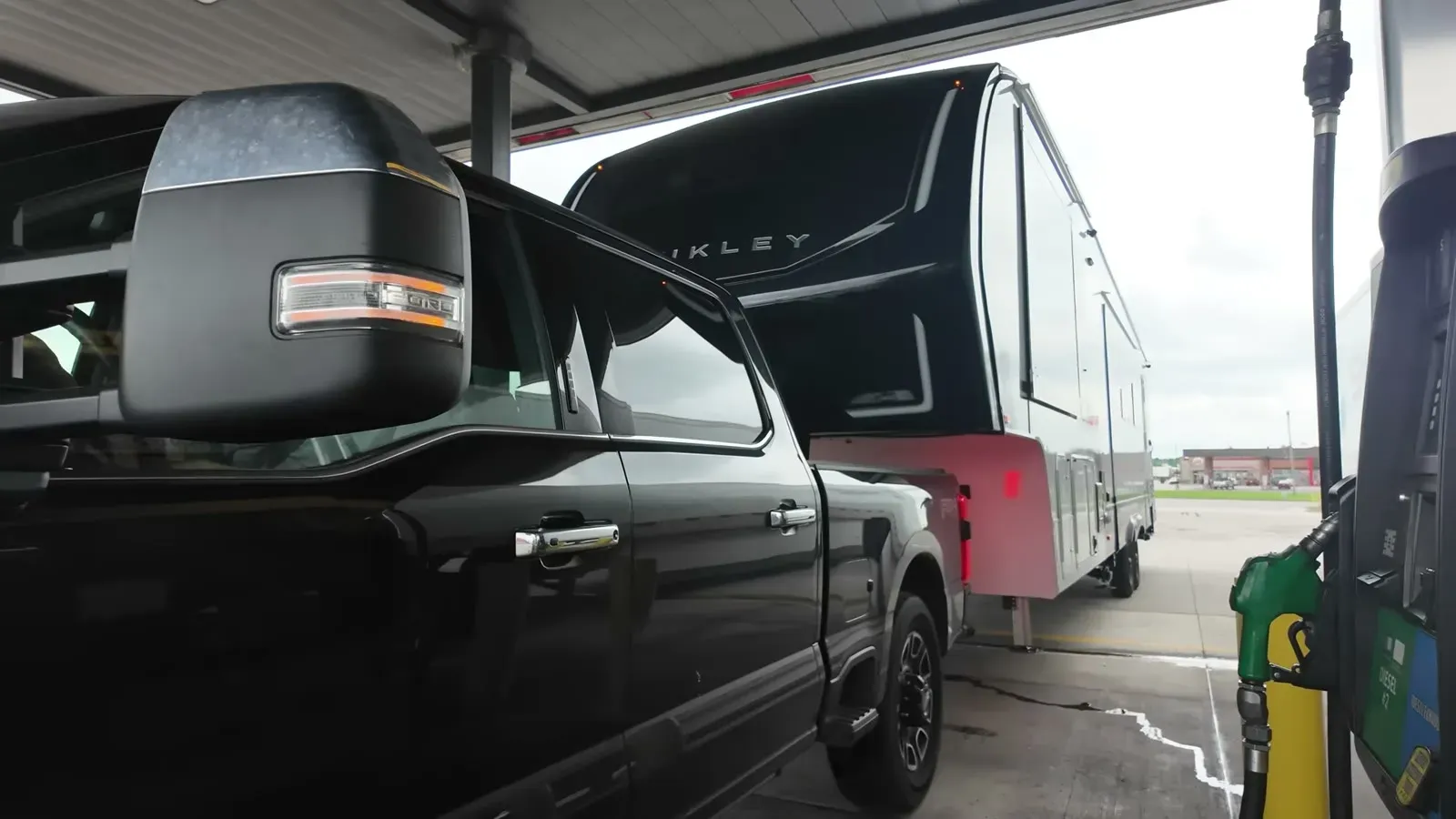 Fueling the F-350 at a diesel stop while towing the Brinkley