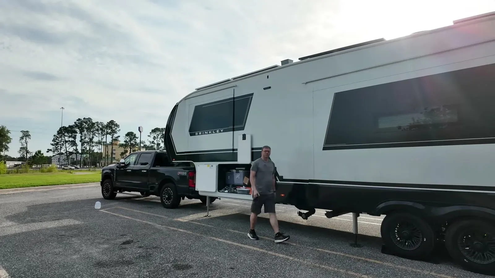 Our fifth wheel parked overnight in a Cracker Barrel RV space