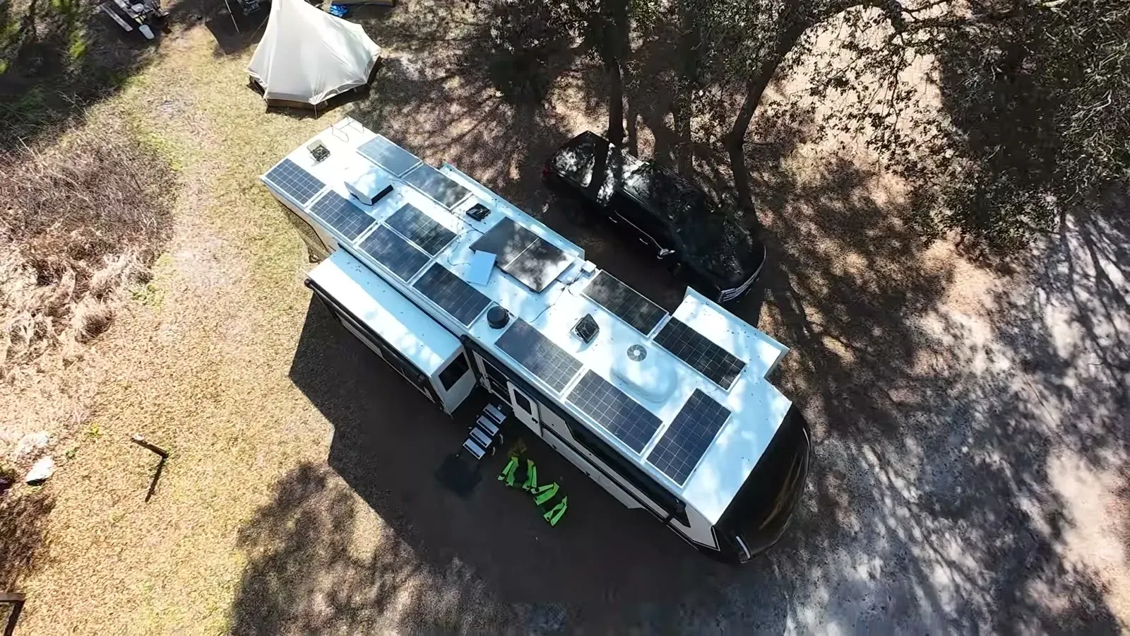 Our rooftop solar panels sitting in tree shade at a boondocking site