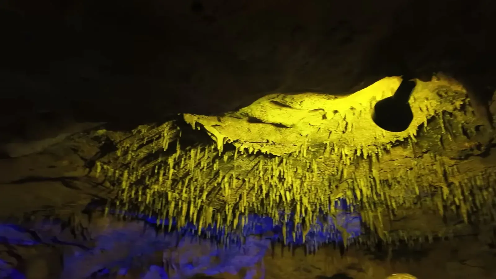 Lit dripstone formations hanging over a blue-lit pool inside Florida Caverns State Park.