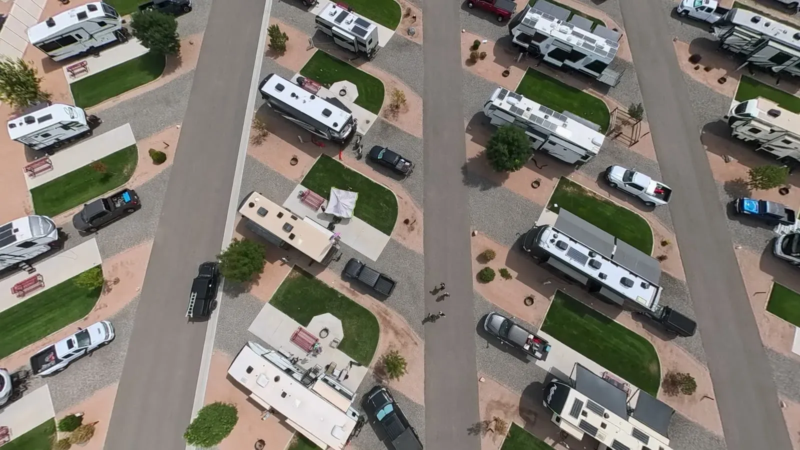 Aerial view of rows of RVs parked at the Junction Rally campground in Grand Junction
