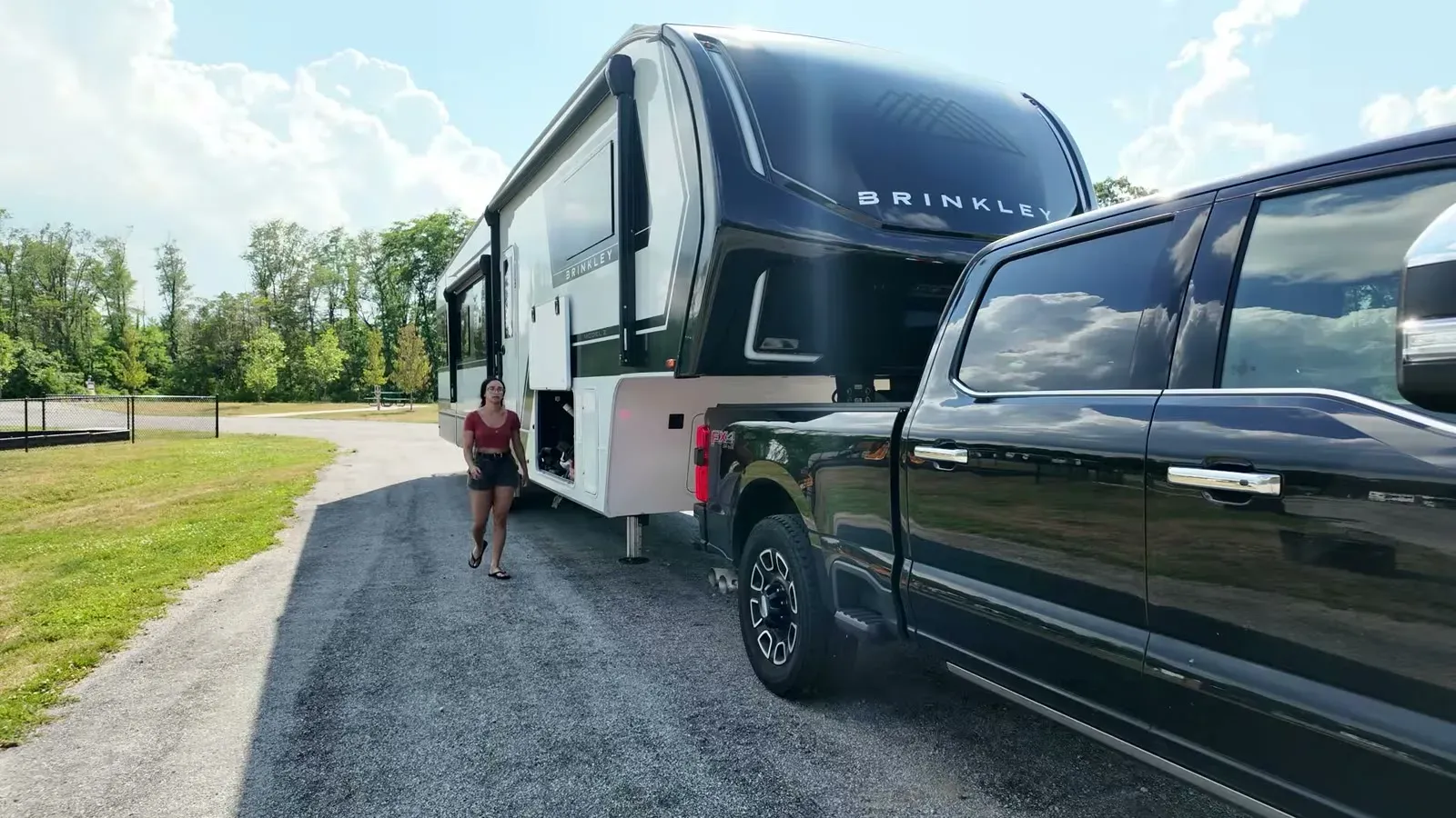 The fifth wheel still hitched to the truck at a one-night stop