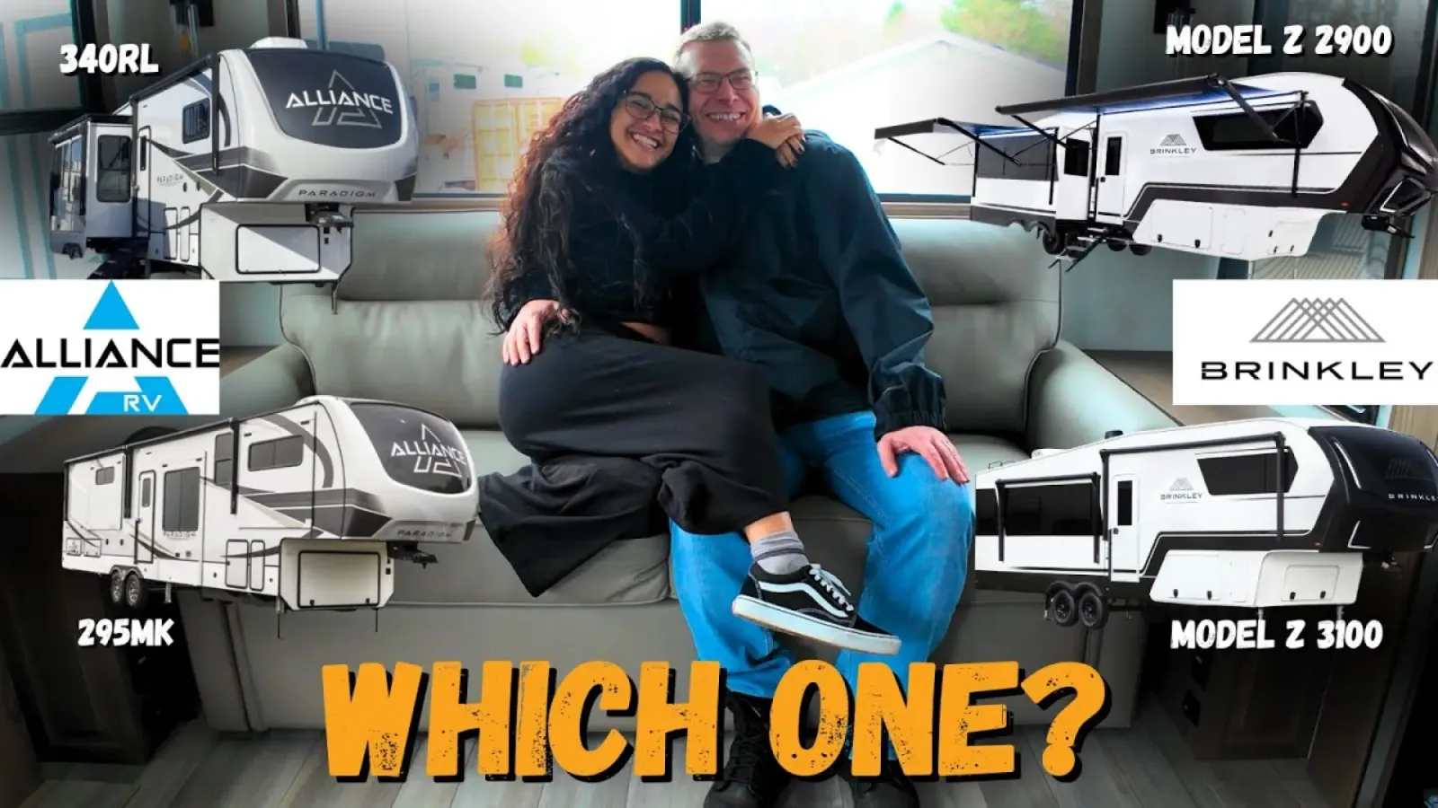 Nathan and Fabiola touring luxury fifth wheel RVs at a dealership, comparing Brinkley Model Z and Alliance Paradigm floor plans