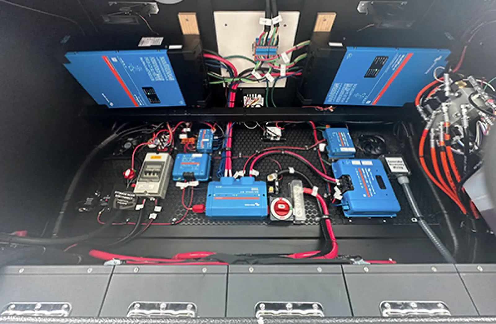 Utility cabinet of a Brinkley RV Model Z 3515 filled with SOK 24V batteries and many Victron equipment
