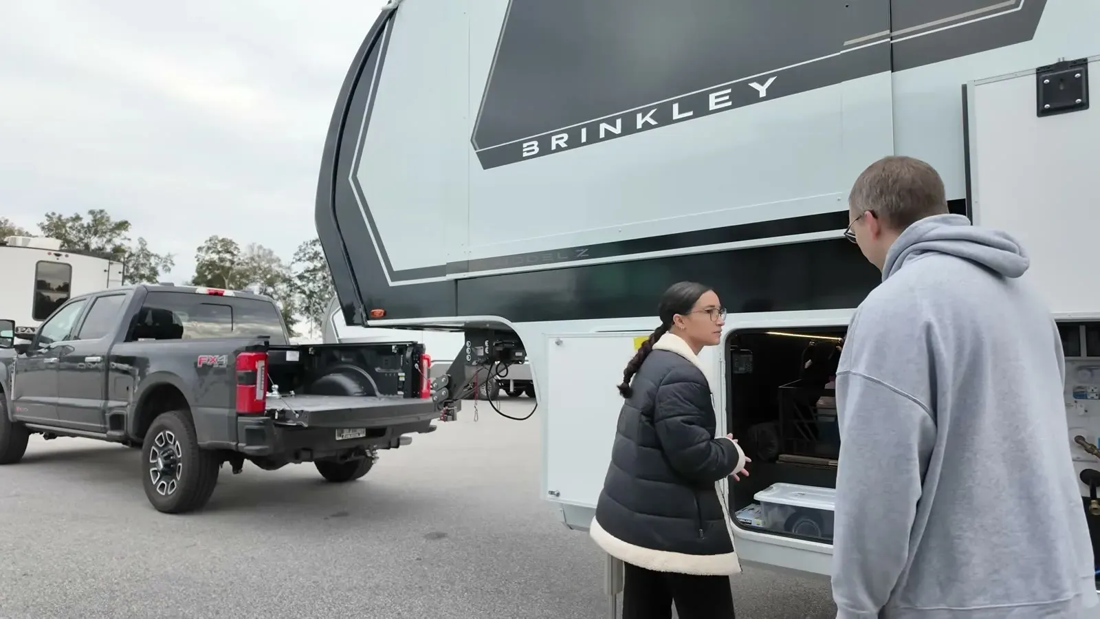 Our truck backed up to the Brinkley Model Z while we double-check the hitch before pulling out.