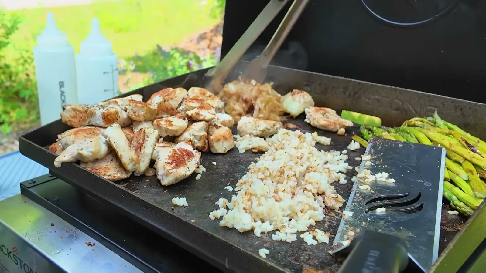 Blackstone Chicken, Asparagus and Onions Over Rice